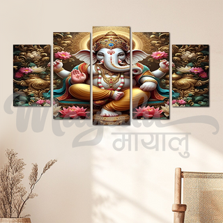 5 Panels Framed Ganesh with Lotus Canvas Printing Picture Art Home Decor