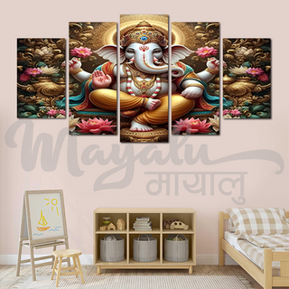 5 Panels Framed Ganesh with Lotus Canvas Printing Picture Art Home Decor