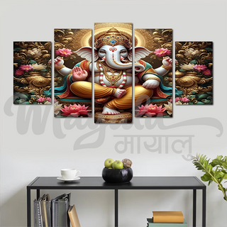 5 Panels Framed Ganesh with Lotus Canvas Printing Picture Art Home Decor