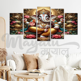 5 Panels Framed Ganesh with Lotus Canvas Printing Picture Art Home Decor