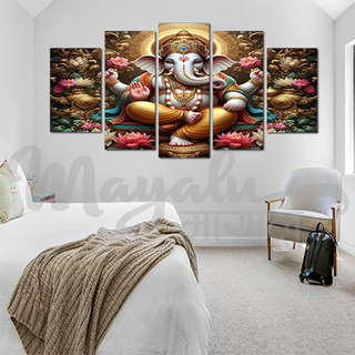 5 Panels Framed Ganesh with Lotus Canvas Printing Picture Art Home Decor