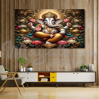 Single Panels Framed Ganesh with Lotus Canvas Printing Picture Art Home Decor