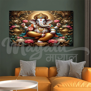 Single Panels Framed Ganesh with Lotus Canvas Printing Picture Art Home Decor