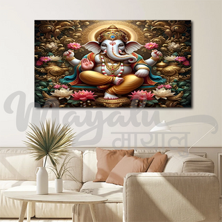 Single Panels Framed Ganesh with Lotus Canvas Printing Picture Art Home Decor