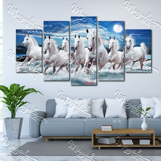 5 Panels Framed Mayalu Seven Horse Canvas Printing Picture Art Home Decor