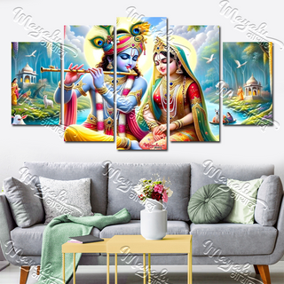 5 Panels Framed Radha Krishna Canvas Printing Picture Art Home Decor