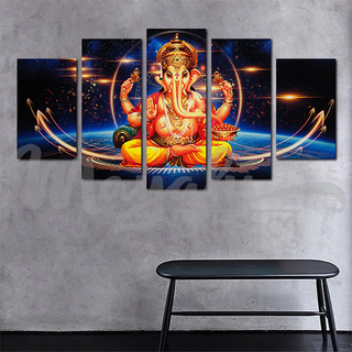 5 Panels Framed Ganesh with Light Canvas Printing Picture Art Home Decor