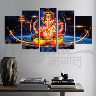 5 Panels Framed Ganesh with Light Canvas Printing Picture Art Home Decor