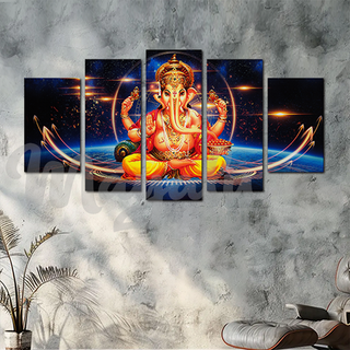 5 Panels Framed Ganesh with Light Canvas Printing Picture Art Home Decor