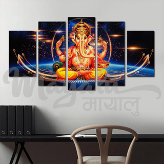 5 Panels Framed Ganesh with Light Canvas Printing Picture Art Home Decor