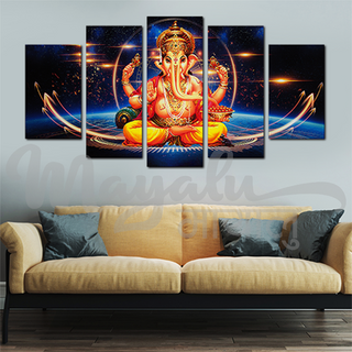 5 Panels Framed Ganesh with Light Canvas Printing Picture Art Home Decor