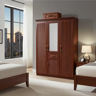 3 Door Wardrobe with Drawer & Built-in Mirror – Cherry