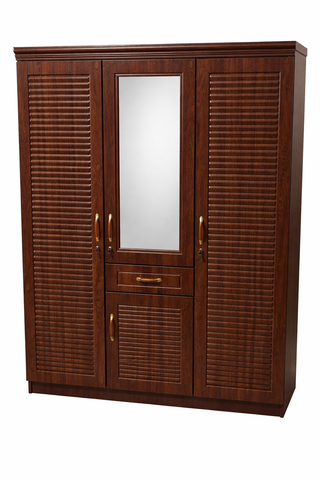 3 Door Wardrobe with Drawer & Built-in Mirror – Cherry