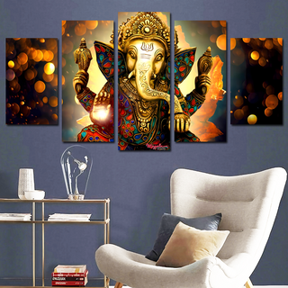 5 Panels Framed Mayalu Ganesh Canvas Printing Picture Art Home Decor