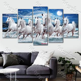 5 Panels Framed Mayalu Seven Horse Canvas Printing Picture Art Home Decor