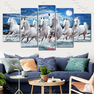 5 Panels Framed Mayalu Seven Horse Canvas Printing Picture Art Home Decor