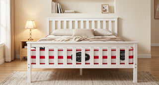 White Wooden Bed Frame with Slatted Headboard & Firm Cronulla Mattress (King Single, Double, Queen)