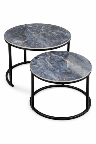 Mayalu Modern Blue Marble Nest Coffee Table Set with Black Metal Frame