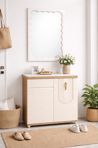 Mayalu Hallway Entrance Combo – Scalloped Wall Mirror & Shoe Cabinet Set