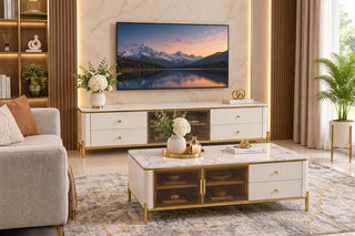 Mayalu Pandora Marble Top TV Unit – Glossy White & Gold Finish