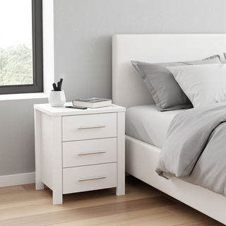 Cue BedSide Table in White With 3 Drawers