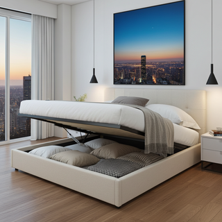 Mayalu Hurstville Gas Lift Storage Bed Frame Fabric Beige