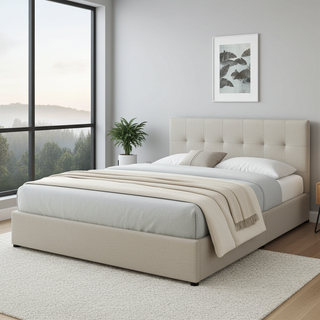 Mayalu Hurstville Gas Lift Storage Bed Frame Fabric Beige