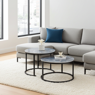 Mayalu Modern Marble Nest Coffee Table Set with Black Metal Frame