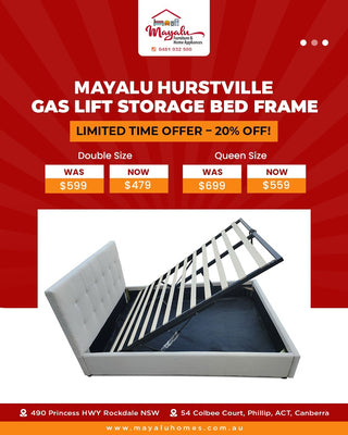 Mayalu Hurstville Gas Lift Storage Bed Frame Fabric Beige
