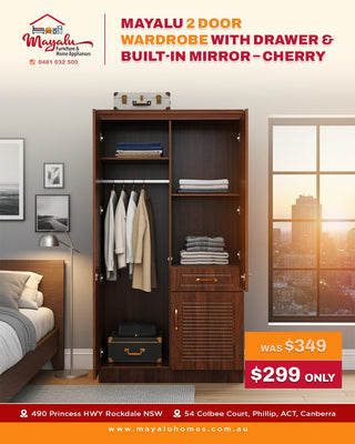 2 Door Wardrobe with Drawer & Built-in Mirror – Cherry