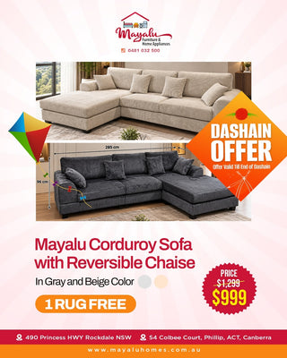 Mayalu Corduroy Sofa in Gray & Beige Color with Reversible Chaise (1 Rug For Free)