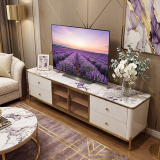 Mayalu Pandora Marble Top TV Unit – Glossy White & Gold Finish
